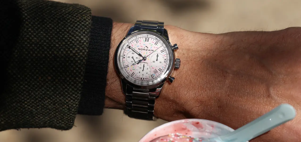 The Norqain Freedom Chrono Enjoy Life Sprinkles Special Edition reference N2201-19S04-K01-S01 on the wrist.