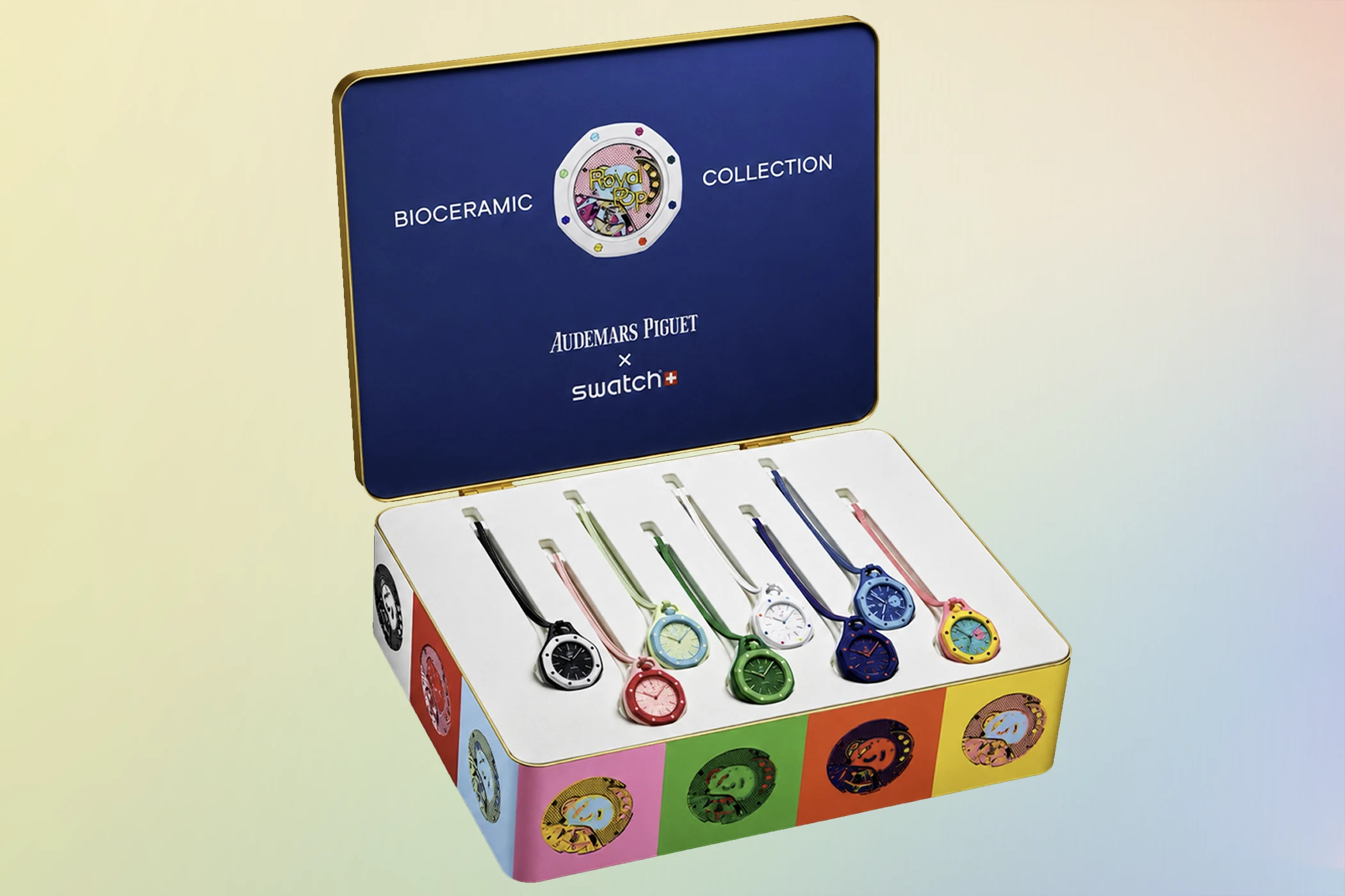 Pictured here is the “Audemars Piguet x Swatch Royal Pop Bioceramic” collection box.