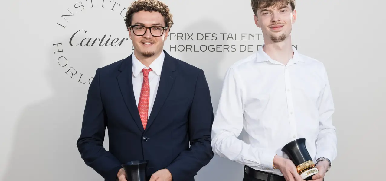 The winners of the Cartier Watchmaking Prize, Arthur Choquet and Aymeric Peters, are pictured together.