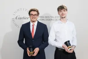 The winners of the Cartier Watchmaking Prize, Arthur Choquet and Aymeric Peters, are pictured together.
