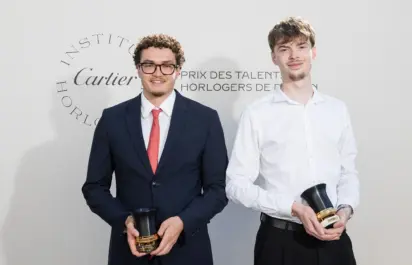 The winners of the Cartier Watchmaking Prize, Arthur Choquet and Aymeric Peters, are pictured together.