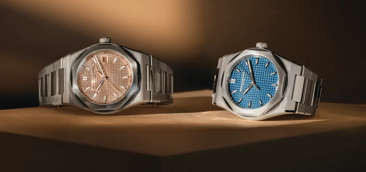 The Girard-Perregaux Laureato Fifty in 39 mm in rose and blue is shown together in a horizontal front view.