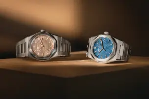 The Girard-Perregaux Laureato Fifty in 39 mm in rose and blue is shown together in a horizontal front view.