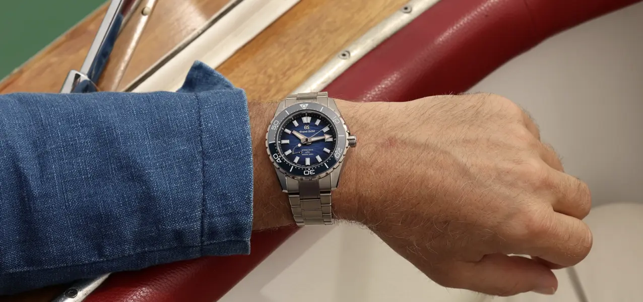 The Grand Seiko Evolution 9 Collection Spring Drive U.F.A. Ushio 300 Diver SLGB023 on the wrist.
