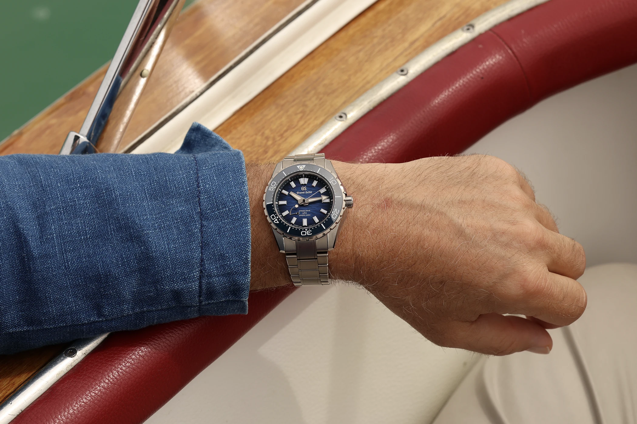 The Grand Seiko Evolution 9 Collection Spring Drive U.F.A. Ushio 300 Diver SLGB023 on the wrist.