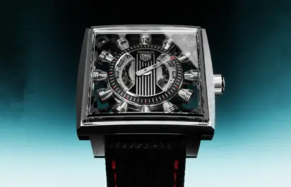 The TAG Heuer Monaco Speed 12 is shown in another front view.