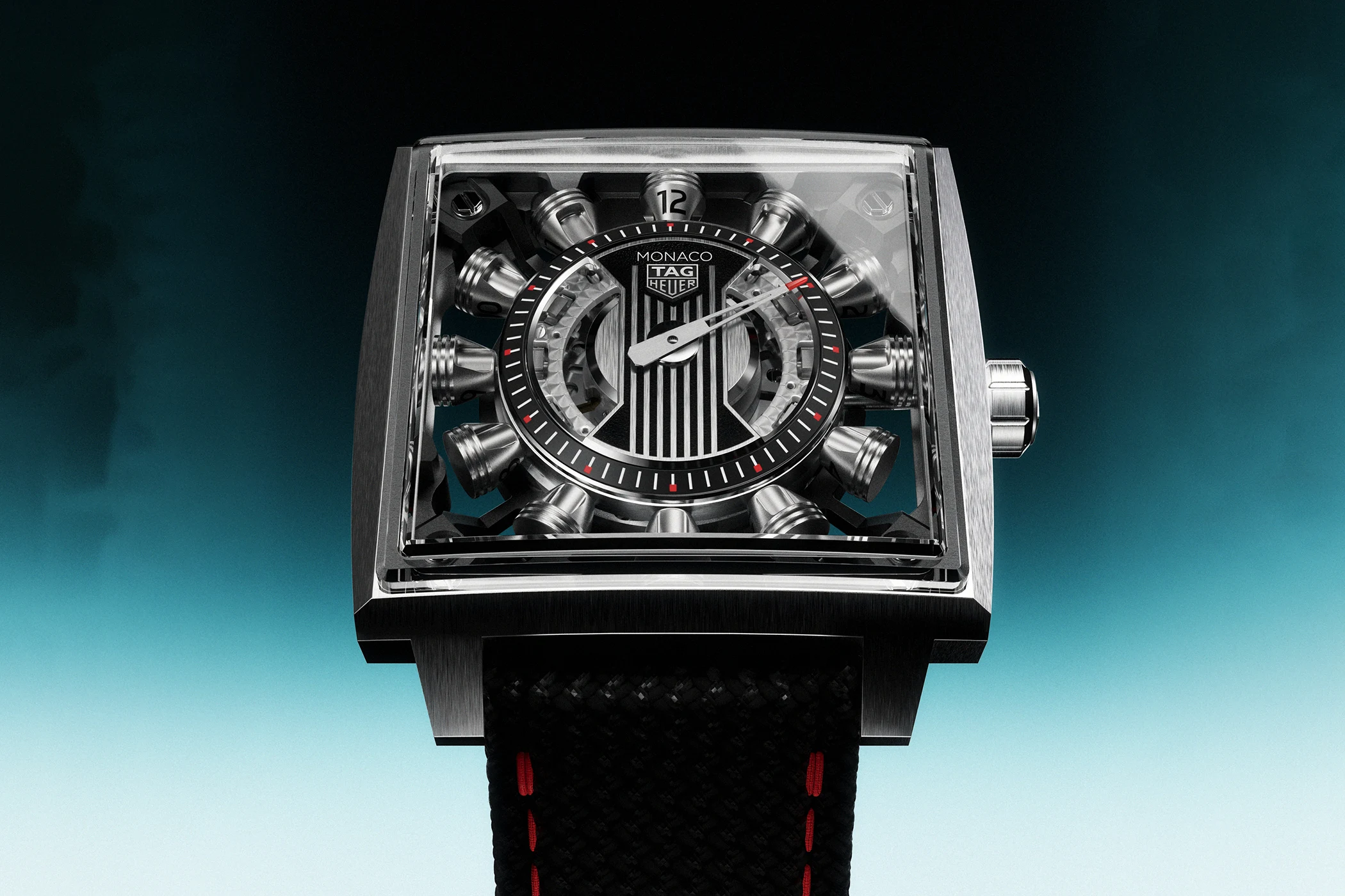 The TAG Heuer Monaco Speed 12 is shown in another front view.