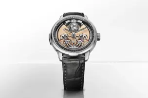 The Armin Strom Minute Repeater Resonance 12:59 First Edition can be seen in the lead image, viewed from the front.