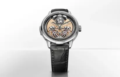 The Armin Strom Minute Repeater Resonance 12:59 First Edition can be seen in the lead image, viewed from the front.