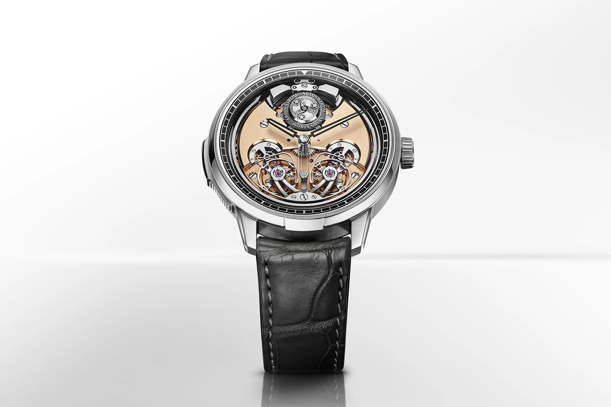 The Armin Strom Minute Repeater Resonance 12:59 First Edition can be seen in the lead image, viewed from the front.