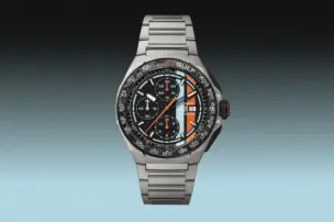 The TAG Heuer x Gulf Oil Formula 1 Automatic Chronograph is shown here in another front view.
