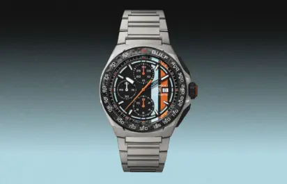 The TAG Heuer x Gulf Oil Formula 1 Automatic Chronograph is shown here in another front view.