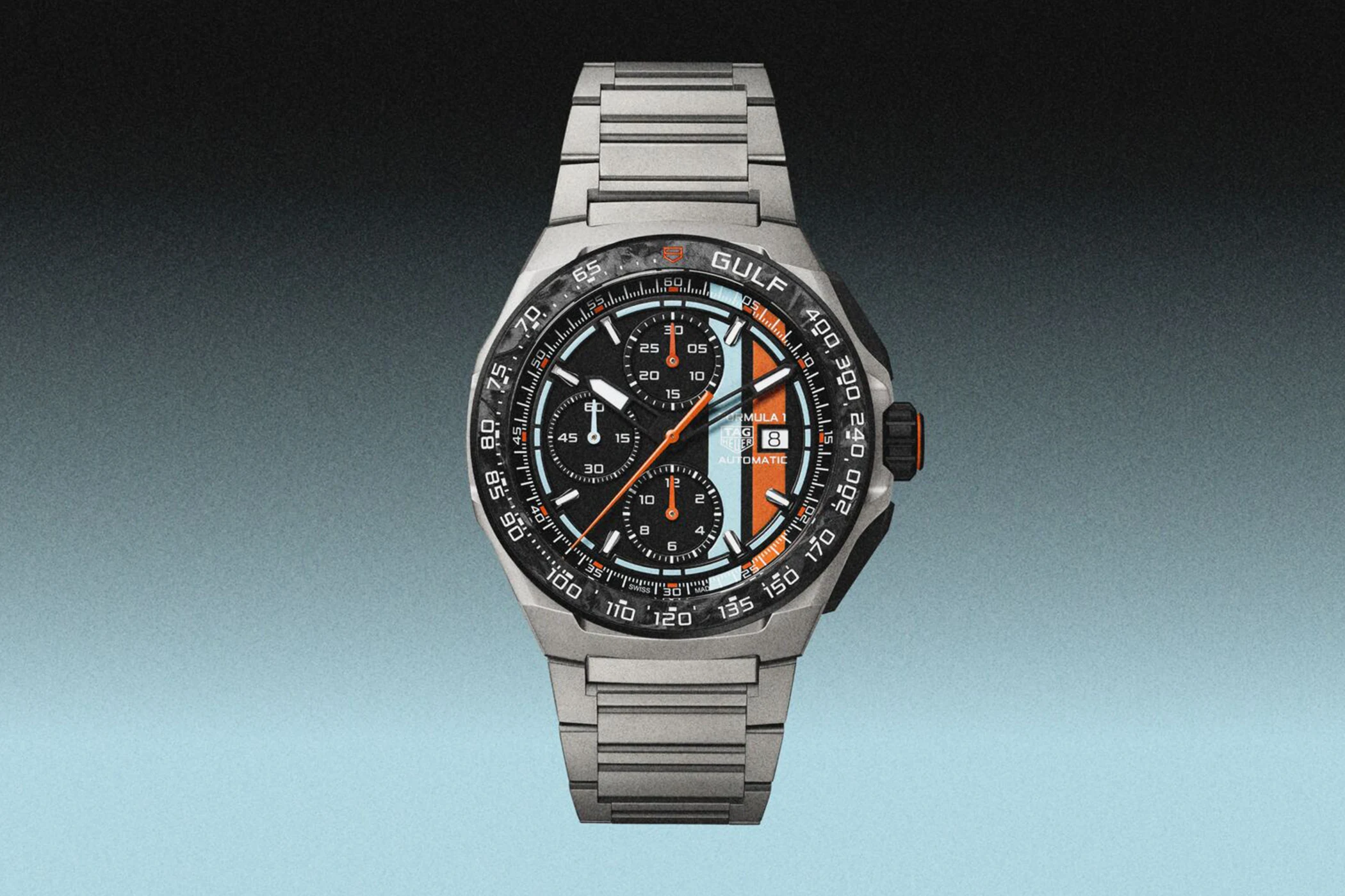 The TAG Heuer x Gulf Oil Formula 1 Automatic Chronograph is shown here in another front view.