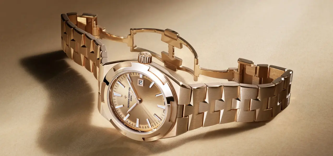The 34.5-millimetre gold Vacheron Constantin Overseas is shown in a horizontal front view.
