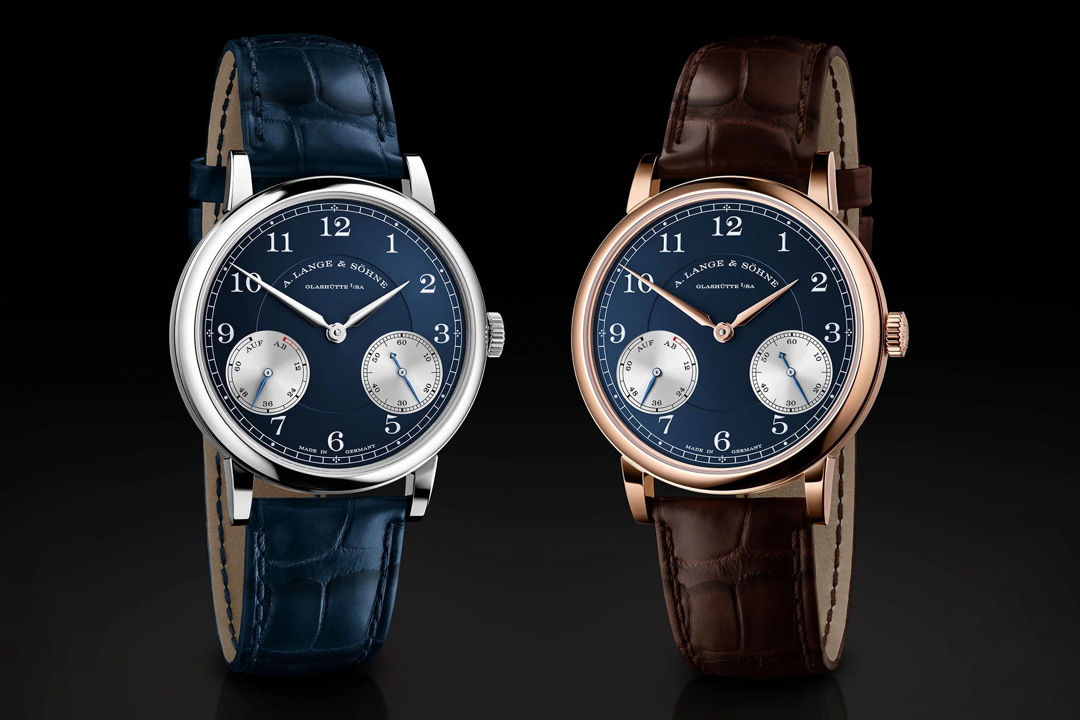 Both versions of the A. Lange & Söhne 1815 Auf/Ab can be seen from the front.