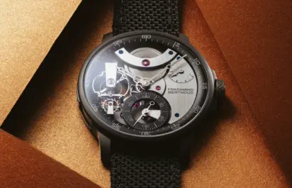 A Ferdinand Berthoud Chronomètre FB 3SPC.4 in black ceramic-coated titanium is shown from the front.
