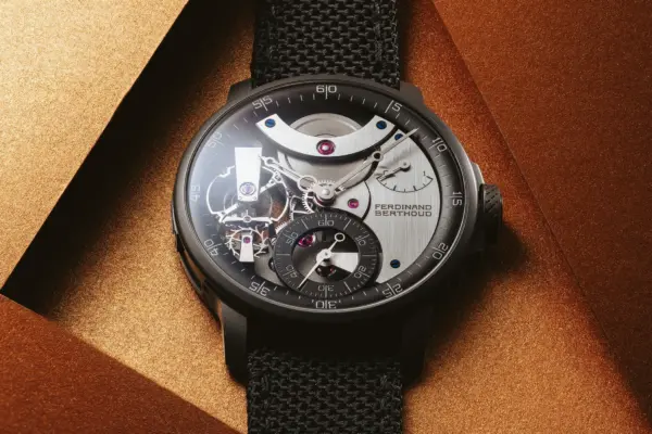 A Ferdinand Berthoud Chronomètre FB 3SPC.4 in black ceramic-coated titanium is shown from the front.