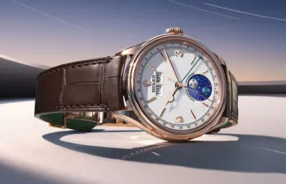 Everose-gold Rolex Perpetual Padellone with white grained dial and meteorite moonphase