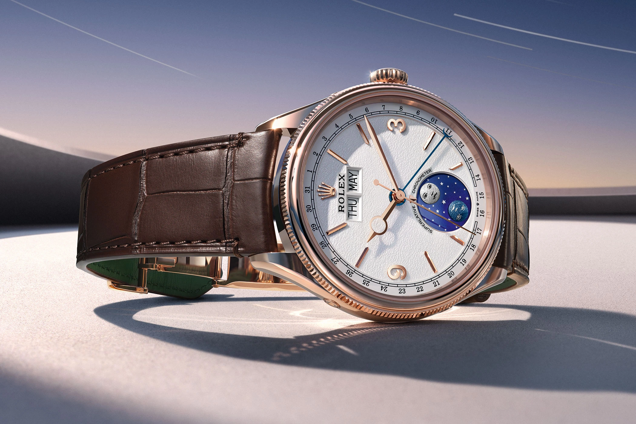 Everose-gold Rolex Perpetual Padellone with white grained dial and meteorite moonphase