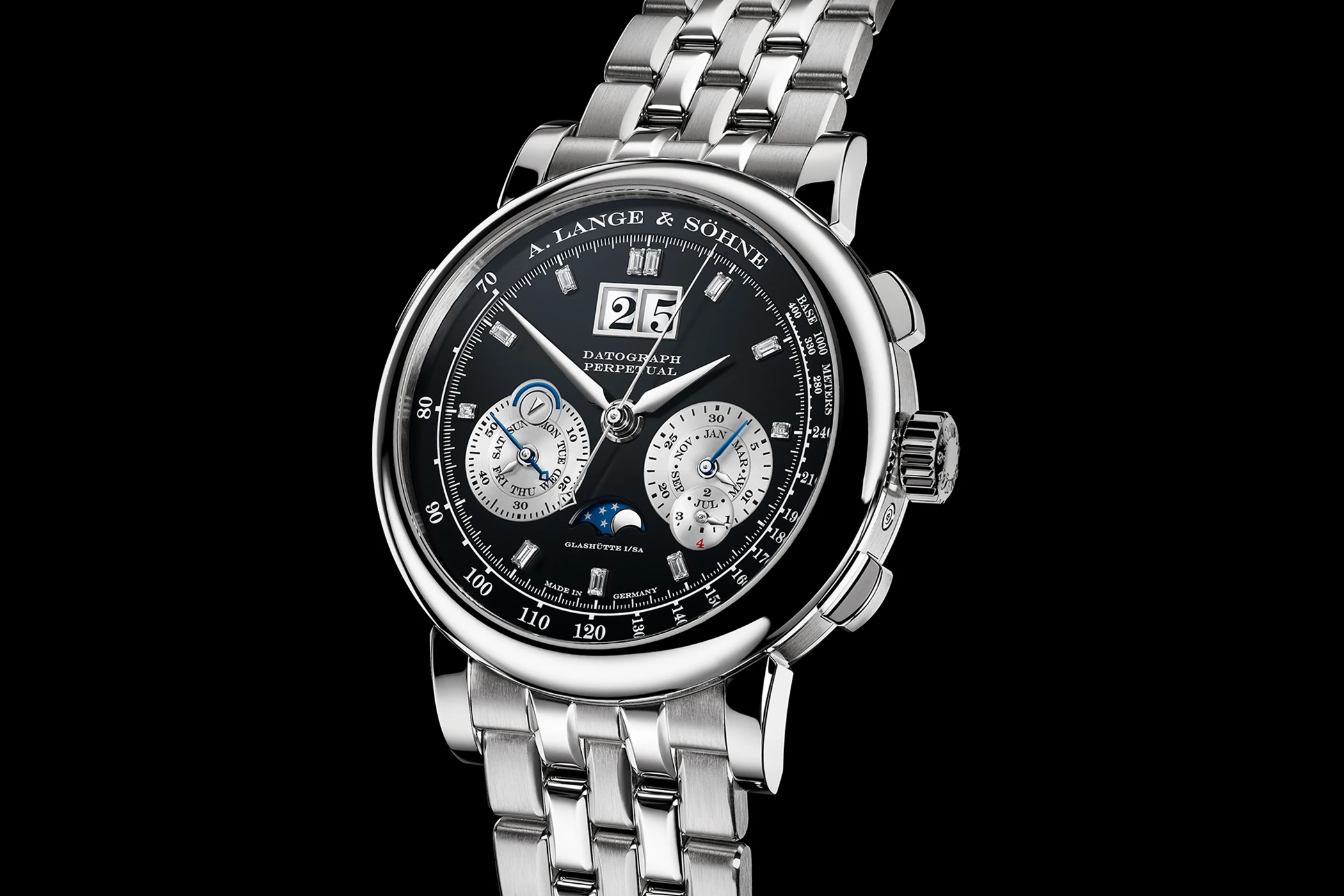Das Zifferblatt der A. Lange & Söhne Datograph Perpetual Referenz 410.136E.