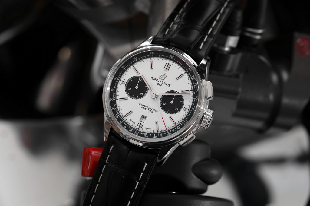 Premier B01 Chronograph 42 with silver dial and black alligator leather strap