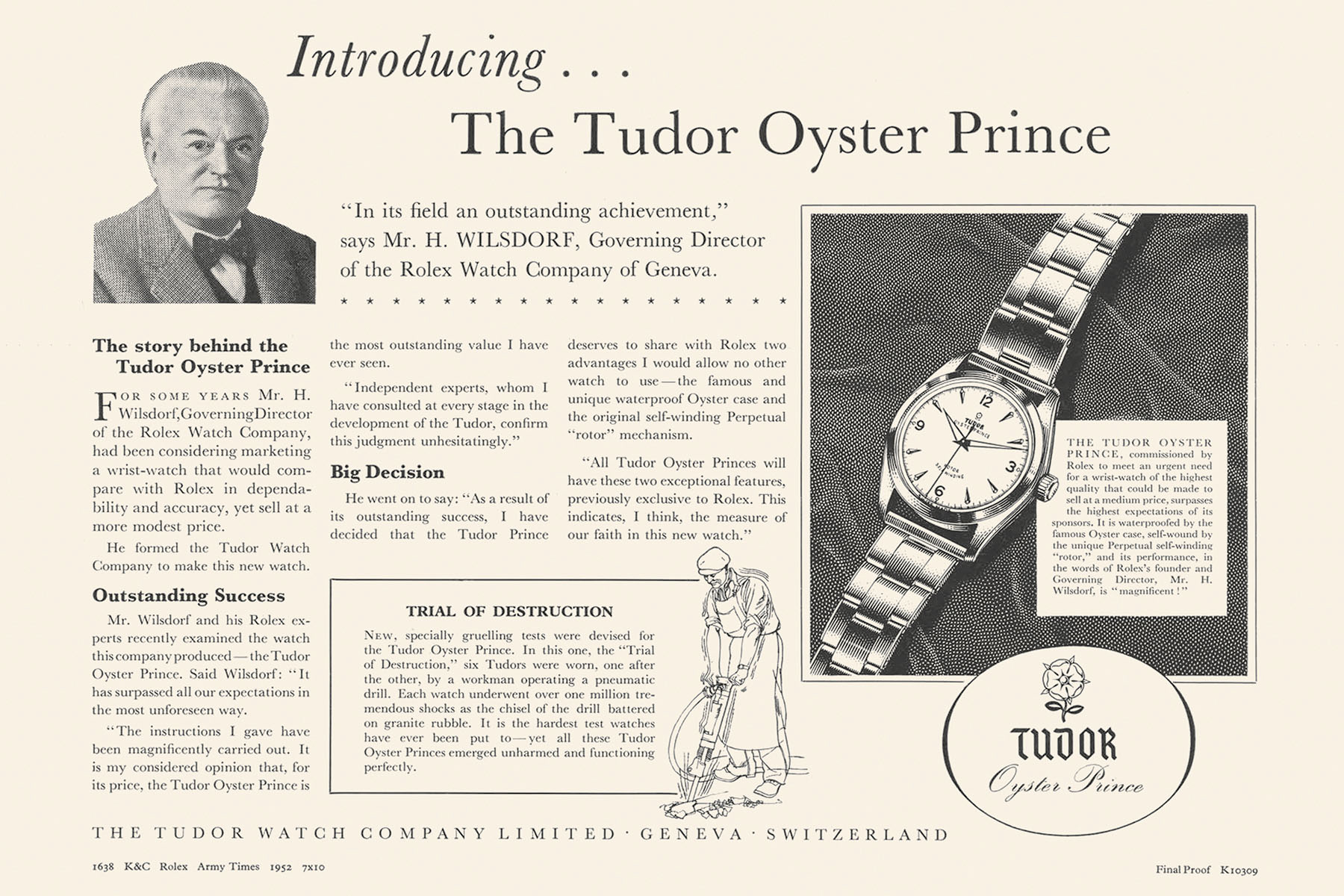 Hans Wilsdorf – Tudor Oyster Prince Ad in 1952