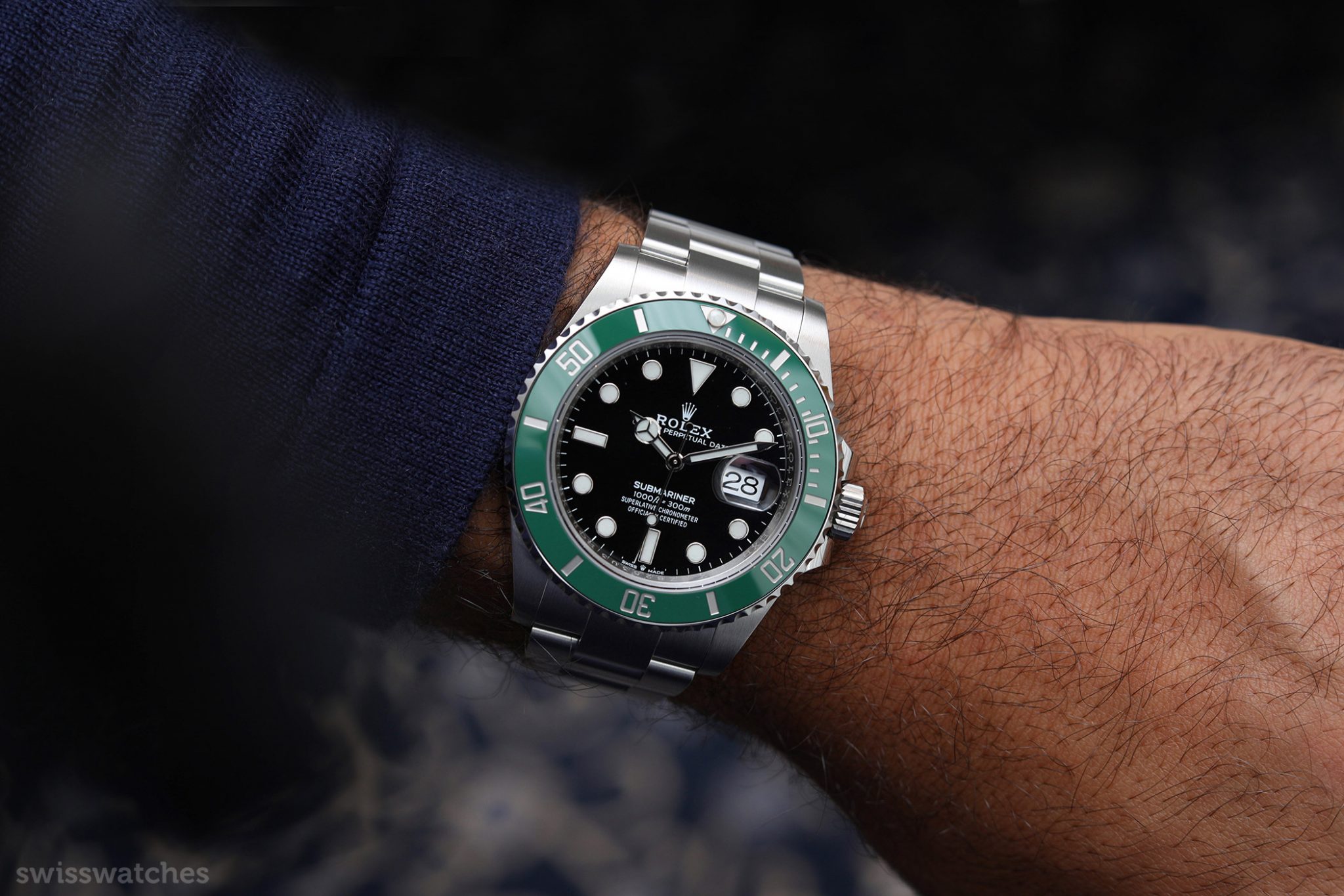rolex submariner green on wrist