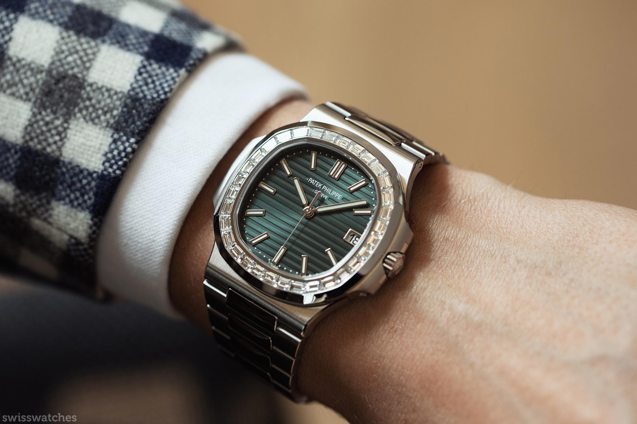 Patek Philippe Steel Nautilus Watch Ref. 5711 with Green Dial and Baguette Diamonds