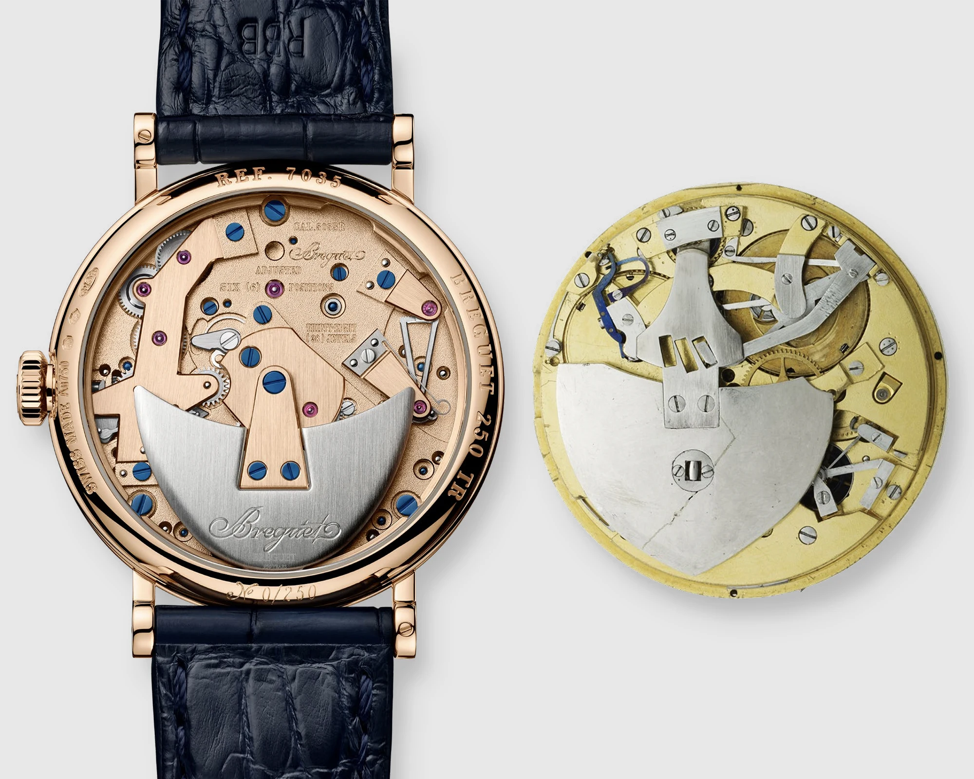 The Breguet Tradition Seconde Rétrograde 7035BH H2 9V6 with the calibre 505SR next to a historic movement