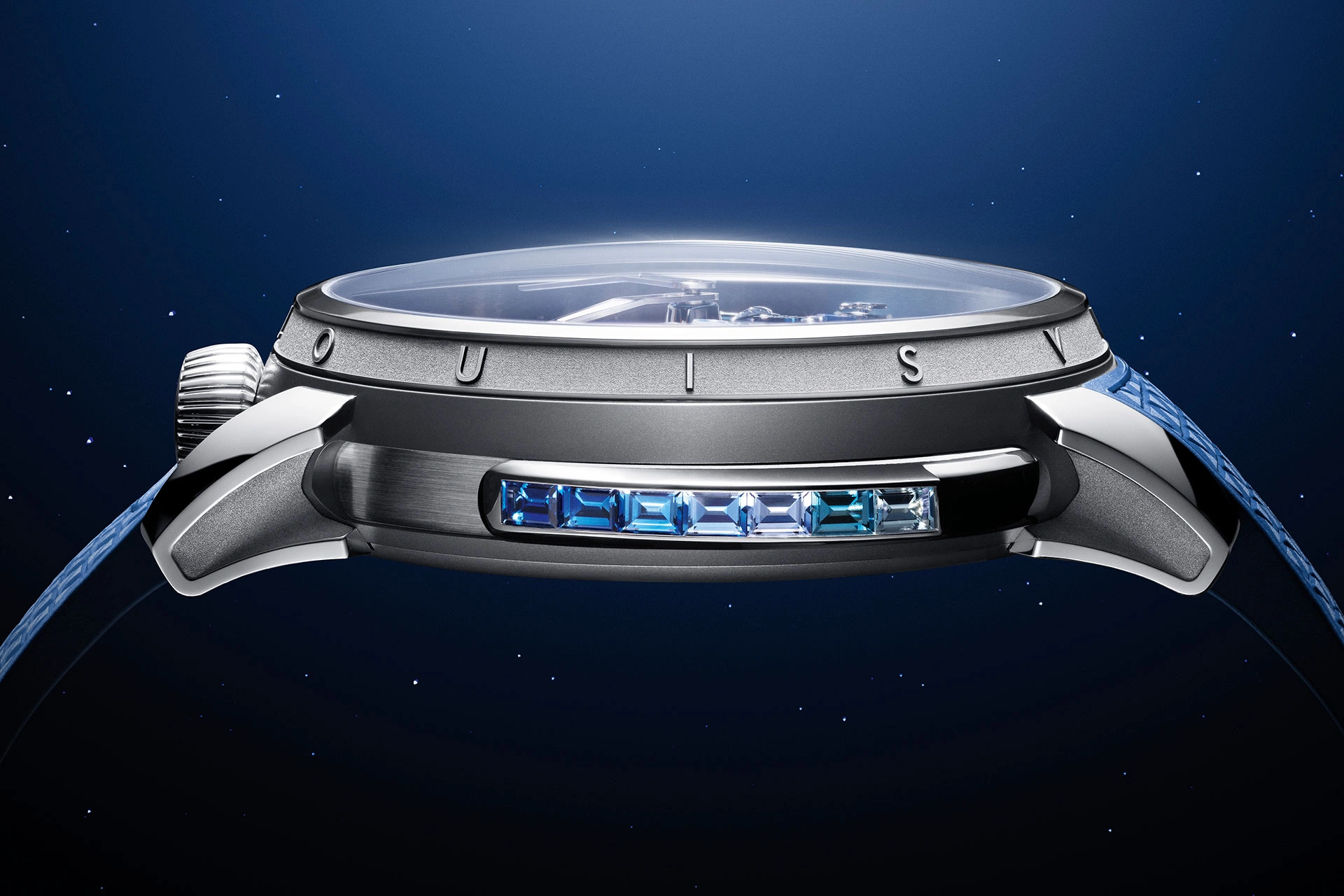 Case view of the Louis Vuitton Tambour Automata Taiko Galactique
