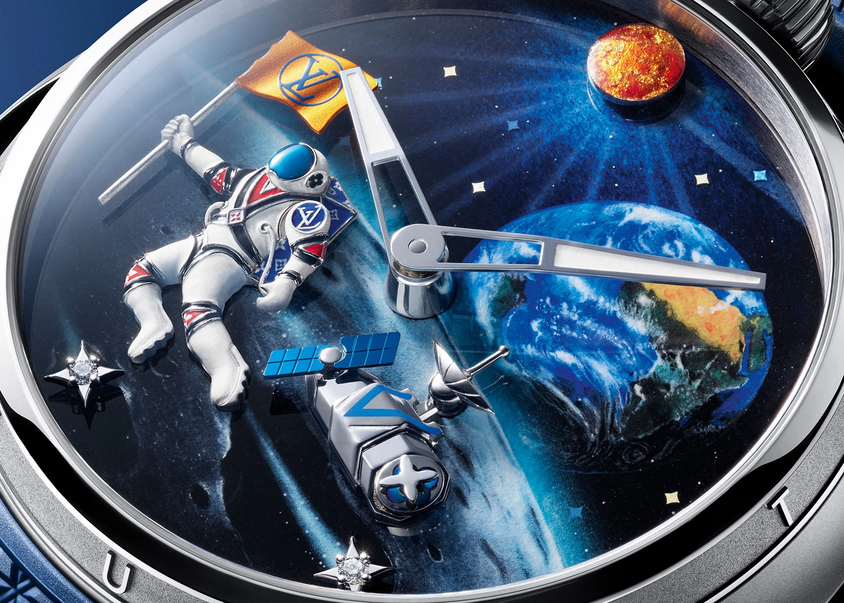Dial of the Louis Vuitton Tambour Automata Taiko Galactique with artistically designed details