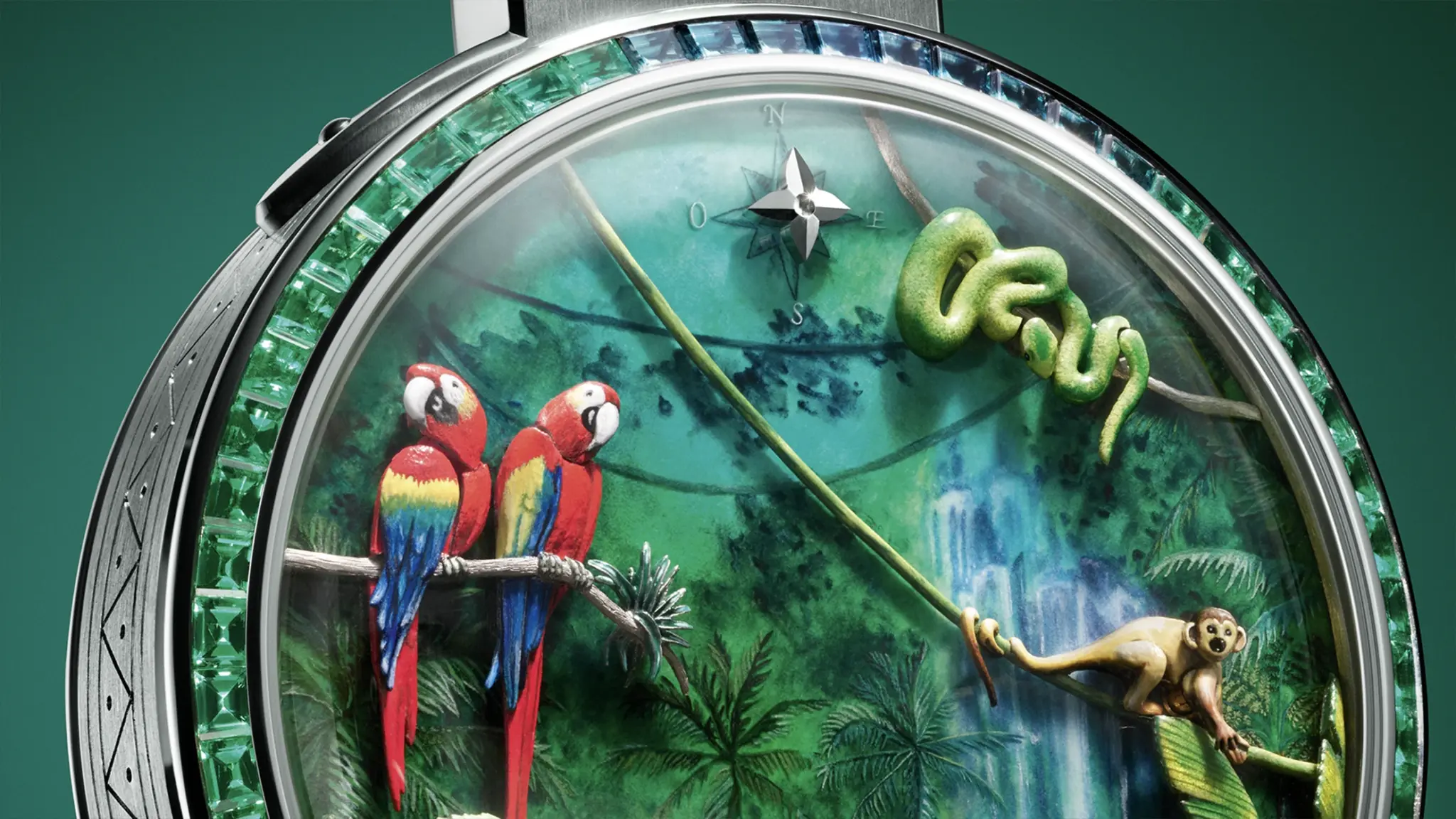 Details of the dial of the Louis Vuitton Escale en Amazonie pocket watch