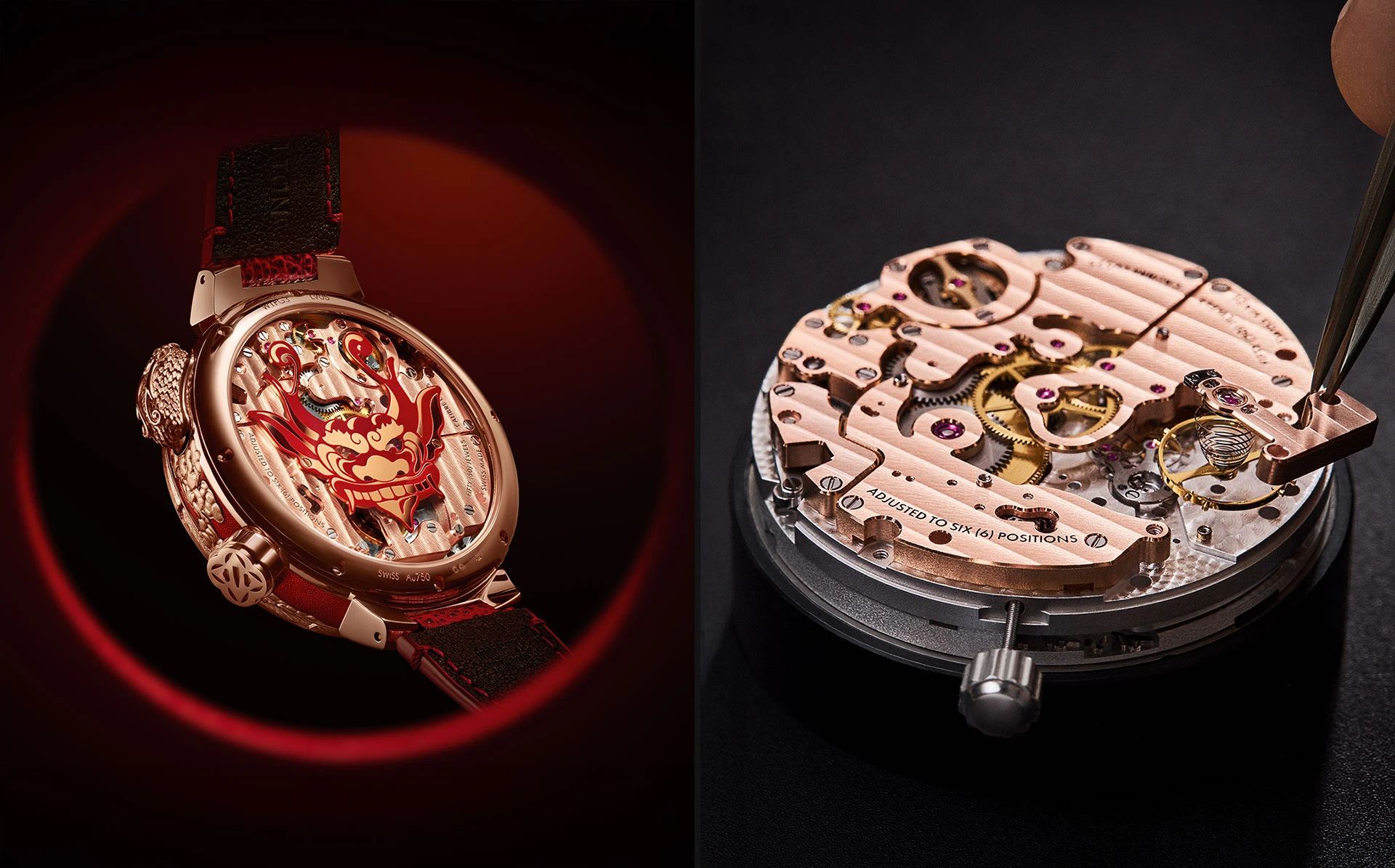 Rear view of the LV 525 calibre of the Louis Vuitton Tambour Bushido Automata with a view of the Automaton movement