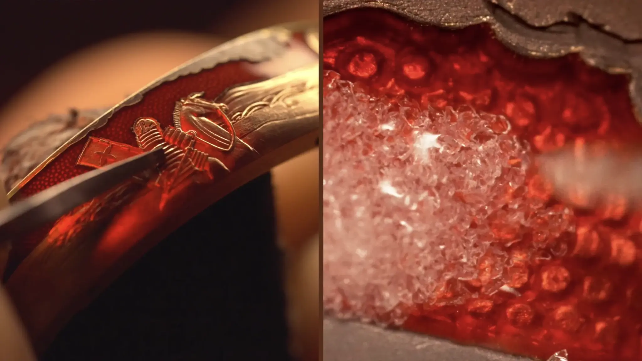 Case side of the Louis Vuitton Tambour Bushido Automata Ref. W1PG31 engraved and decorated with red enamel