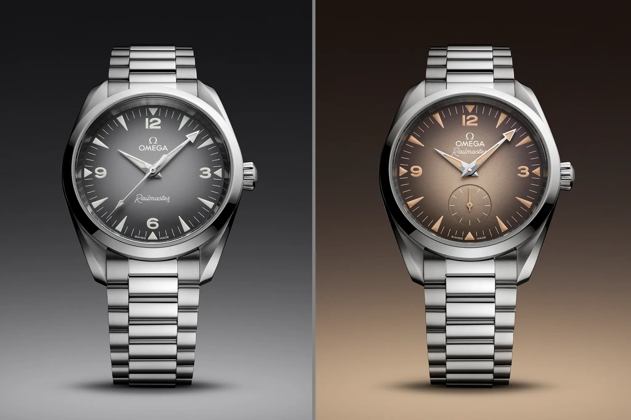 Omega Railmaster Ref. 235.10.38.20.06.001 and Ref. 235.10.38.20.13.001 with steel bracelets
