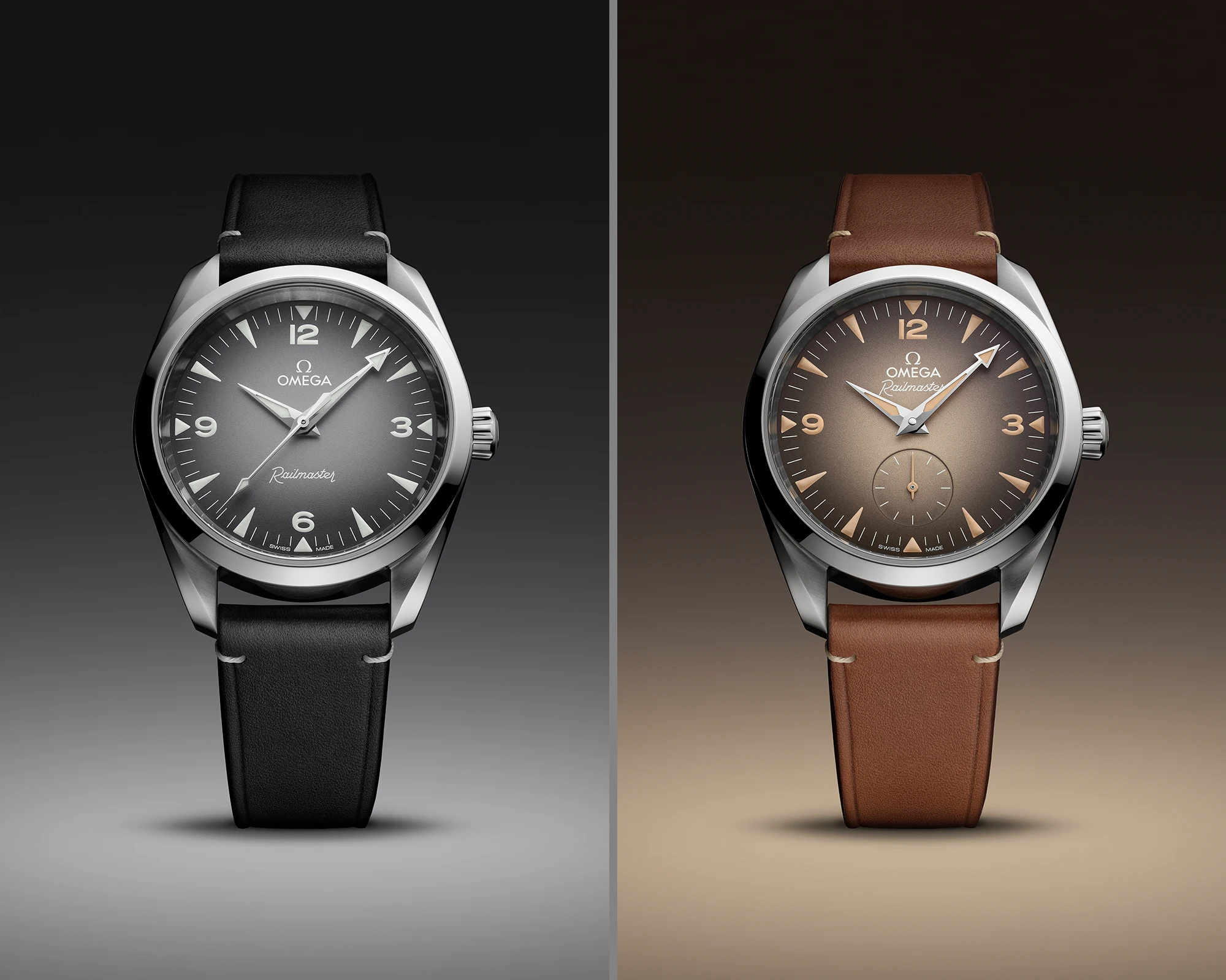 The Omega Railmaster Ref. 235.10.38.20.06.001 and Ref. 235.10.38.20.13.001 are each available with a leather strap