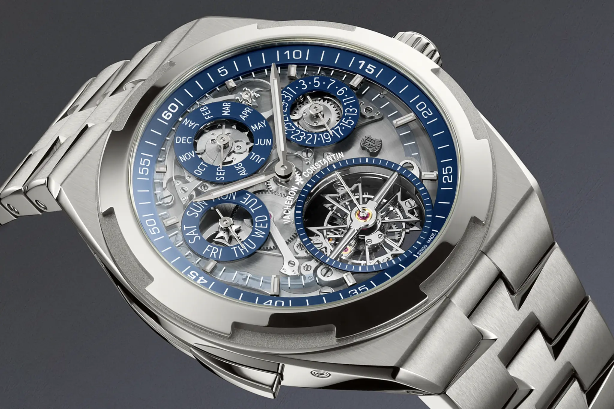 Close-up of the dial of the Vacheron Constantin Overseas Grand Complication Openface Ref. 6510V/110T-128C