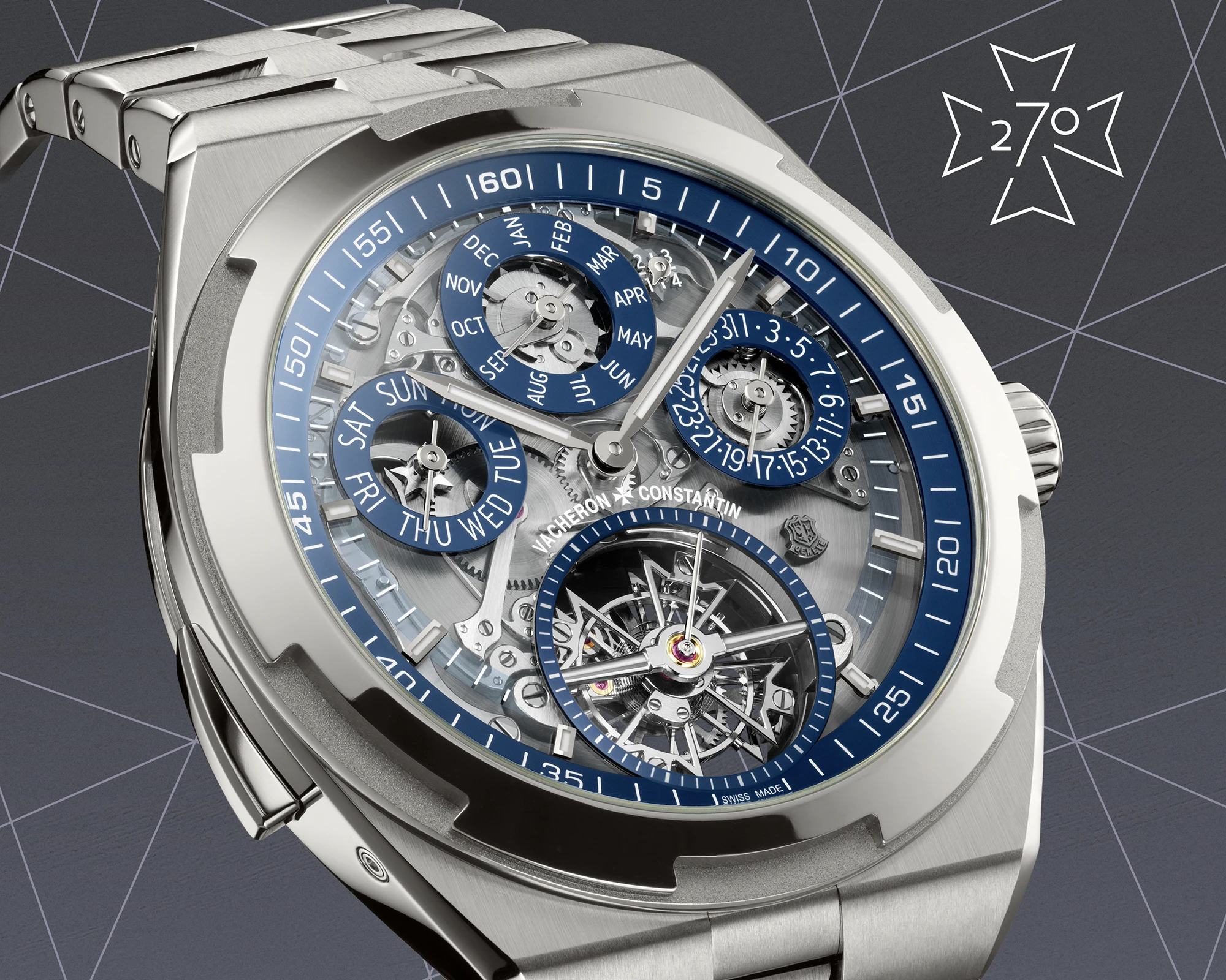 A picture of the dial of the Vacheron Constantin Overseas Grand Complication Openface Ref. 6510V/110T-128C