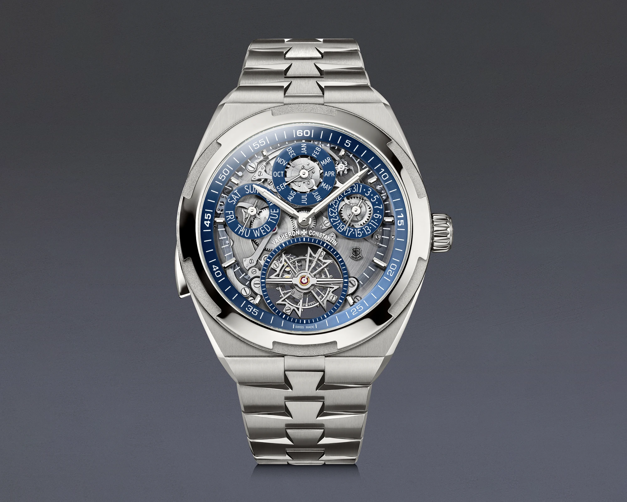 Close-up view of the Vacheron Constantin Overseas Grand Complication Openface Ref. 6510V/110T-128C